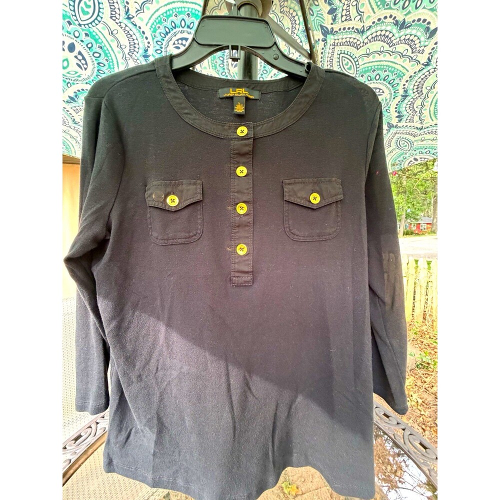 Lauren Ralph Lauren Henley Top Womens L Black Solid Knit Round Neck 3/4 Sleeve